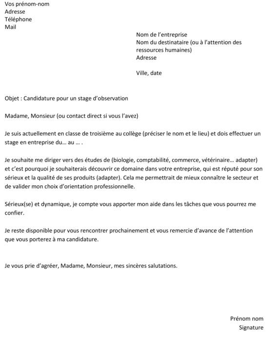 modele lettre de motivation stage 3eme